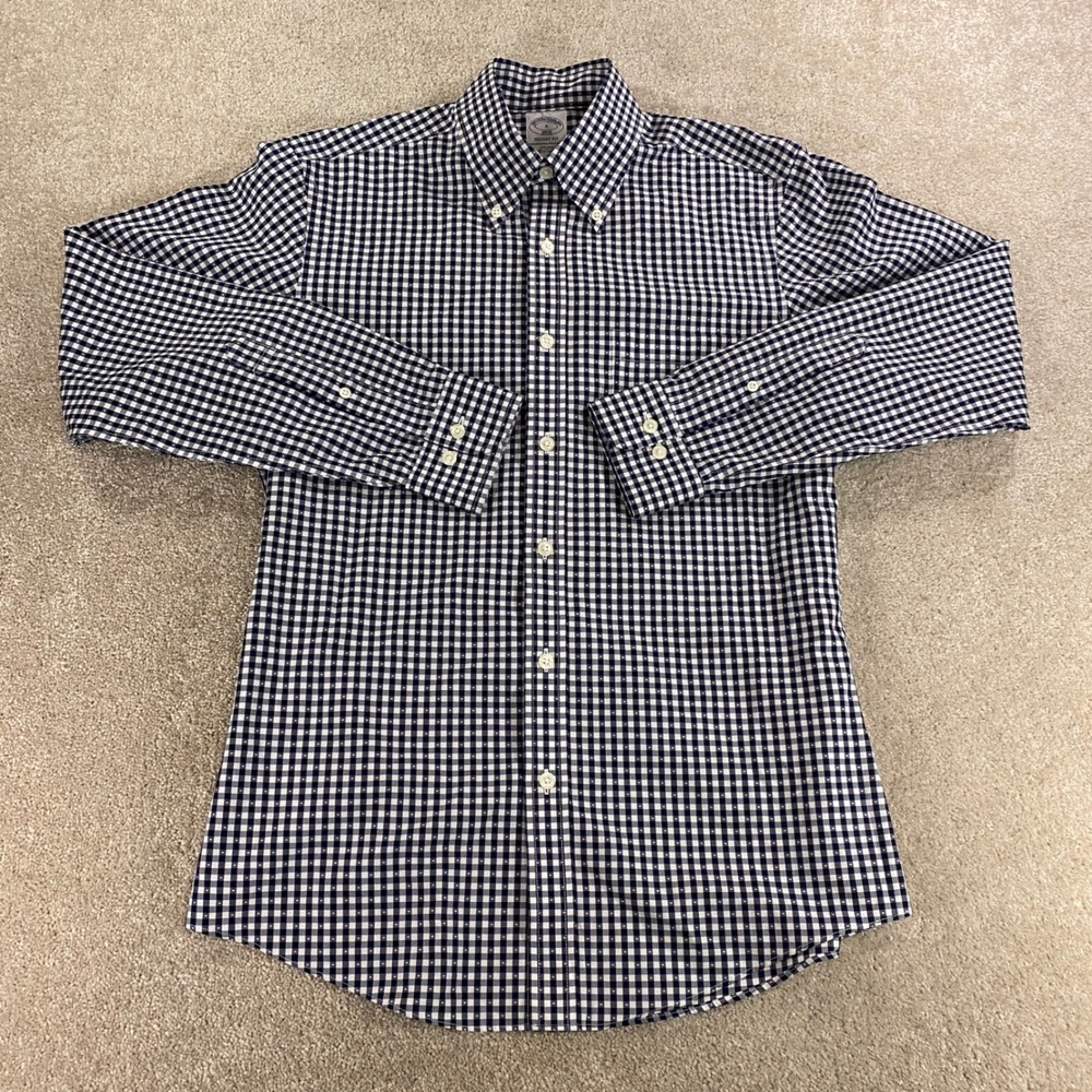 Brooks Brothers Button Down Shirt Mens S Navy Gingham Regent Fit Non-Iron Cotton